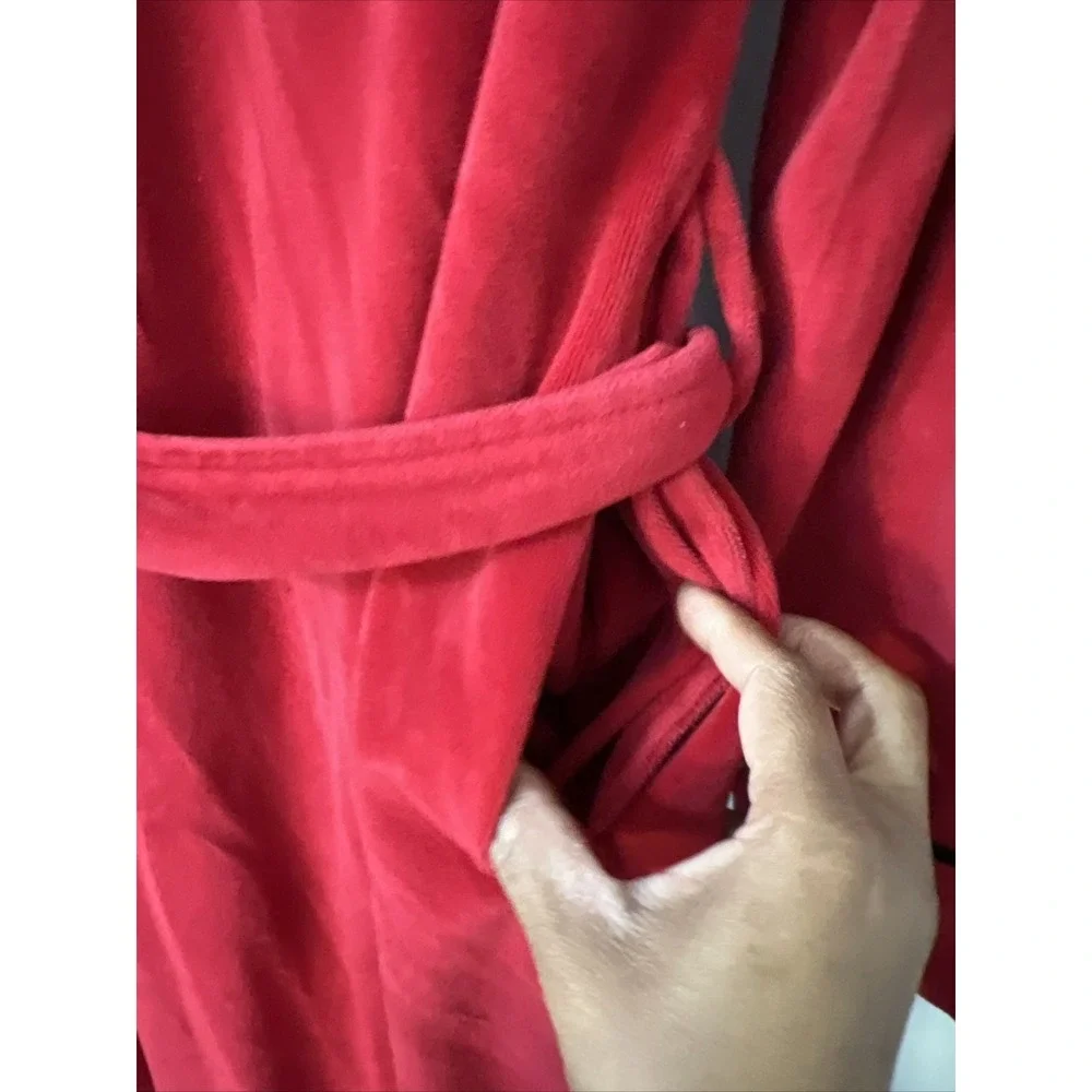 VTG‎ Lauren Ralph Lauren Red Robe Embroidered Pocket Women's Size M Black Trim